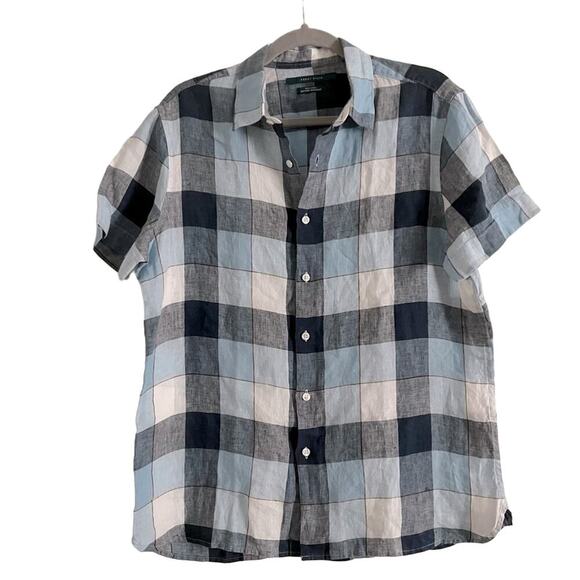 Perry Ellis Linen Blue Plaid Short Sleeve Button Down Shirt- Size M - Picture 3 of 10